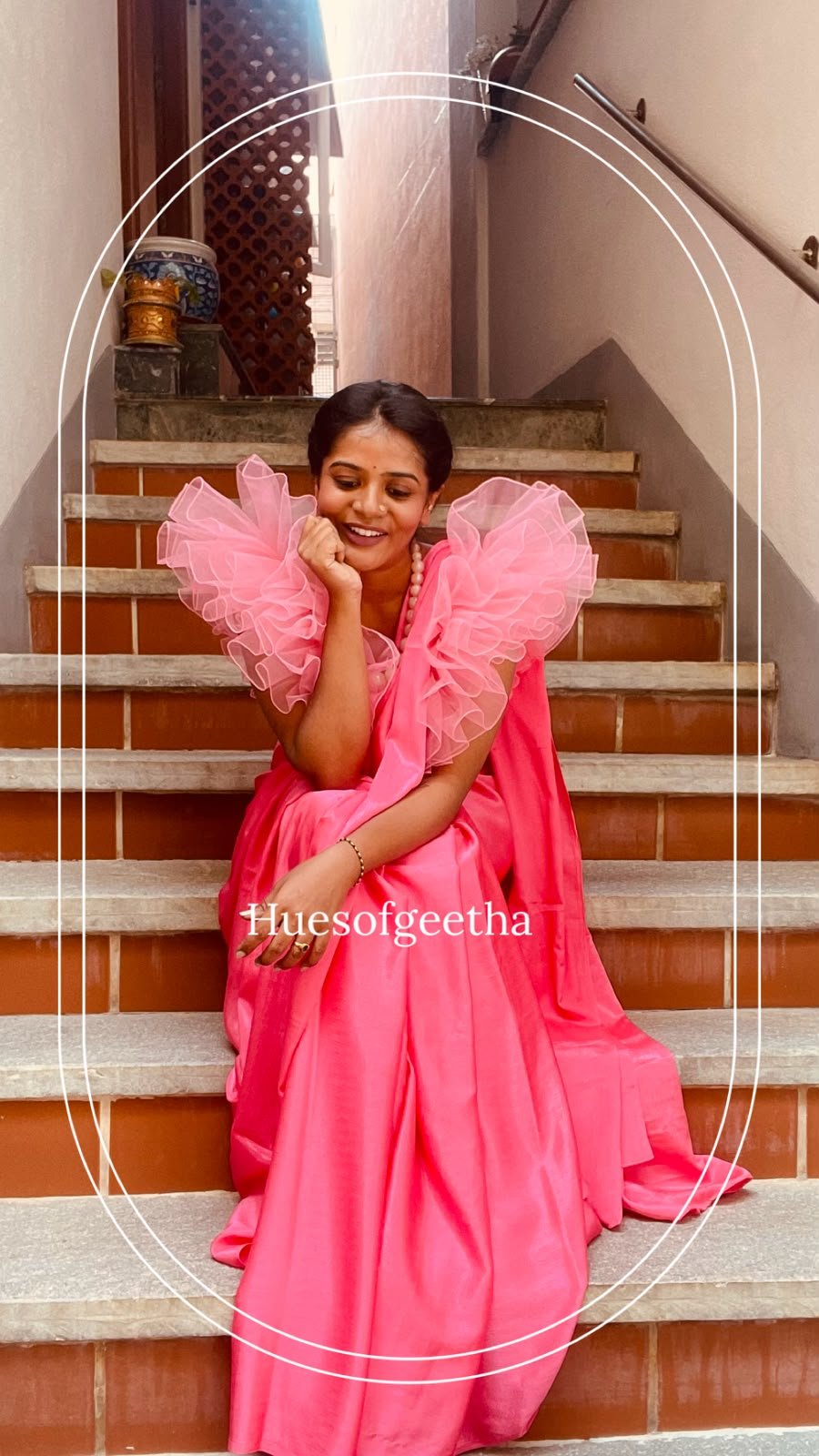 Pink Satin & Tulle Ruffle Saree