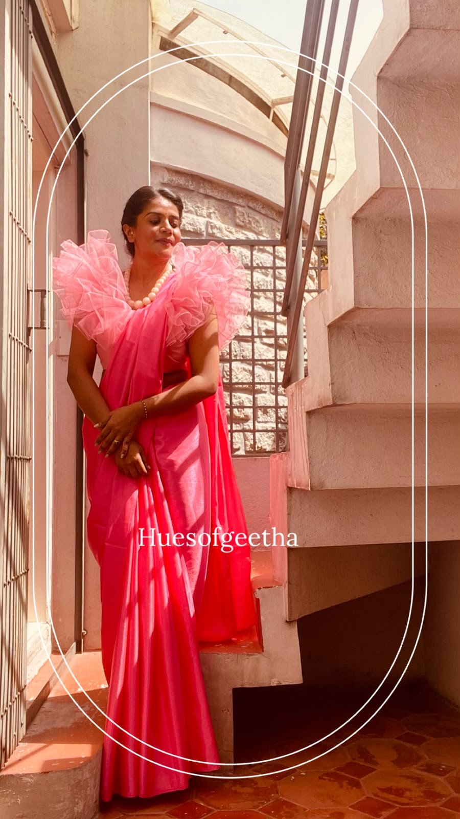 Pink Satin & Tulle Ruffle Saree