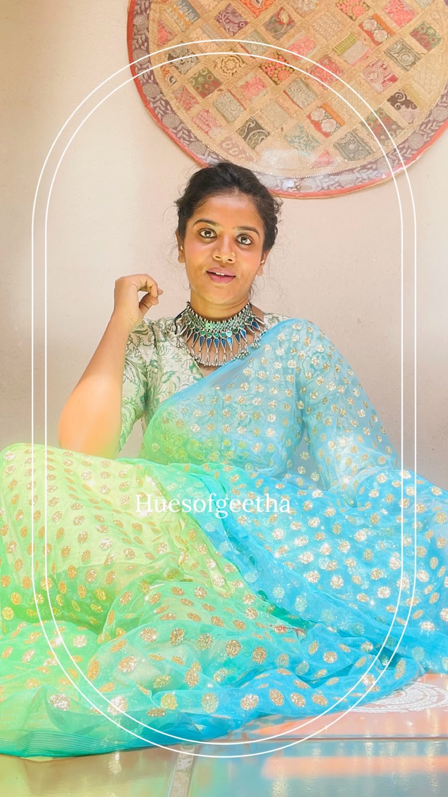 Aqua & Green Ombré Saree with Gold Buttas