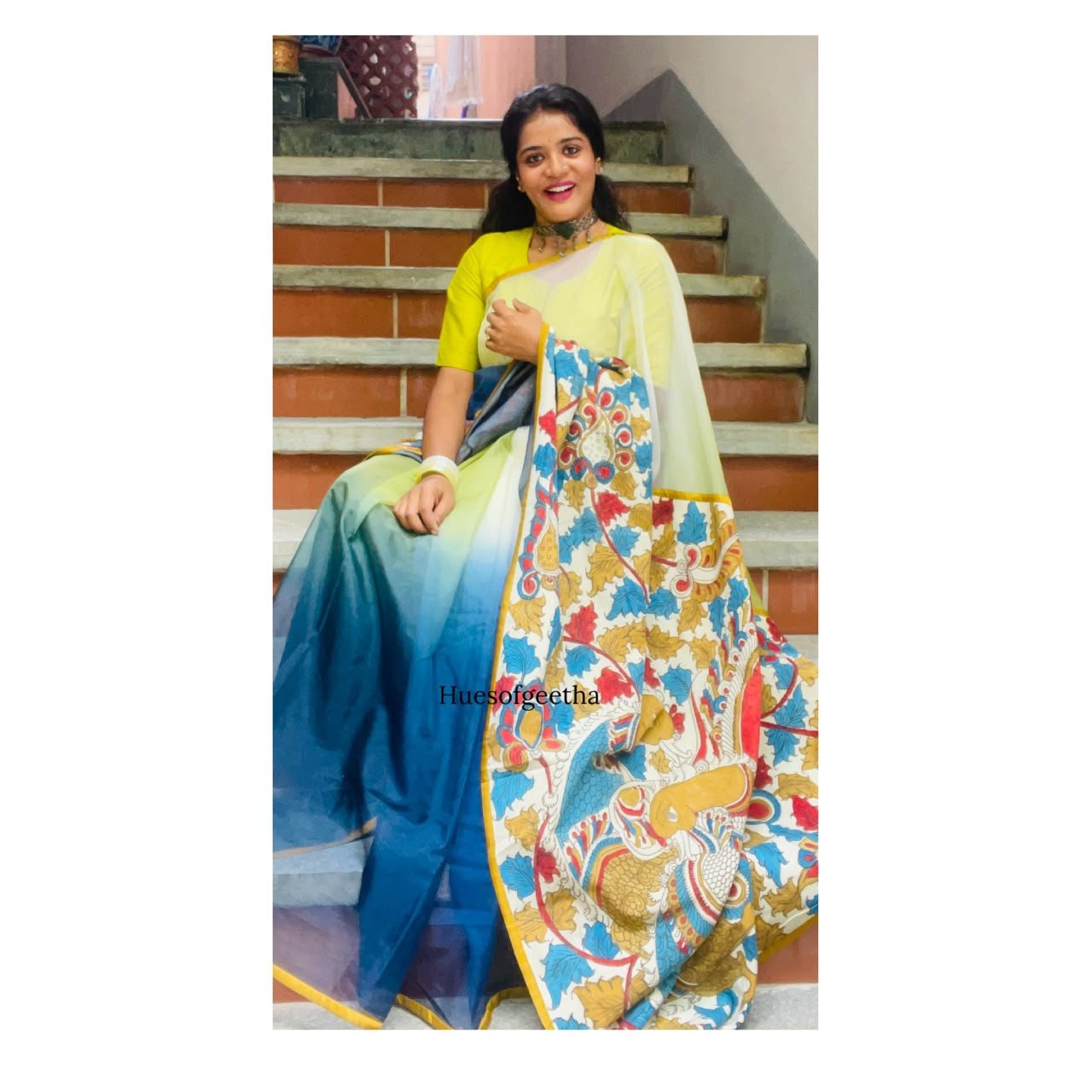 Blue Ombré Organza Saree with Kalamkari Pallu
