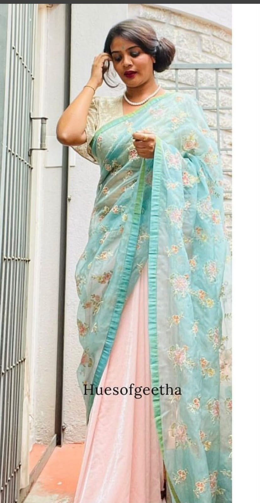 Blush & Aqua Embroidered Organza Half Saree