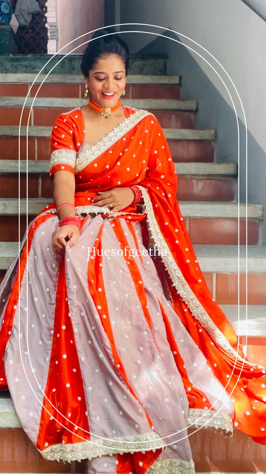 Orange & Lilac Polka Saree with Lace Border