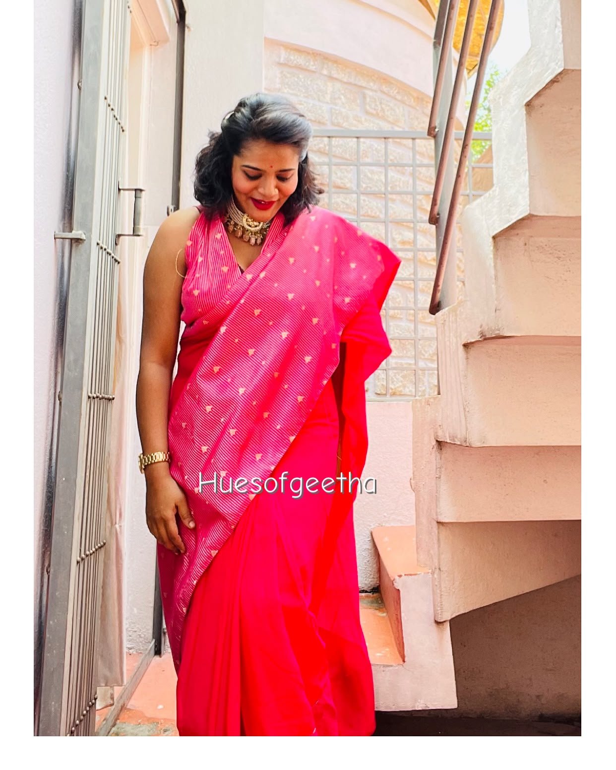 Pink Banarasi Saree with Gold Buttas