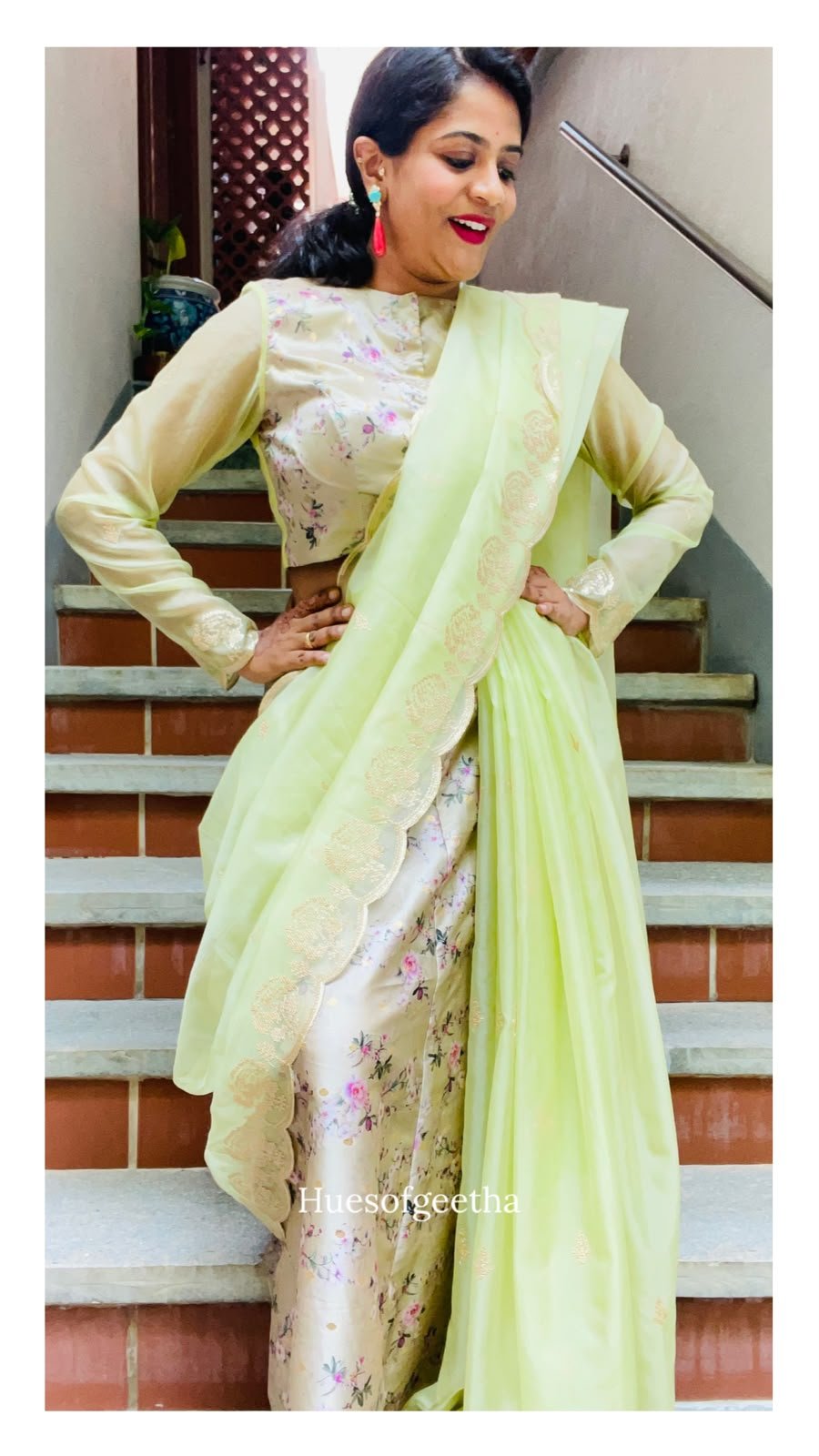 Pistachio Organza & Floral Satin Half Saree