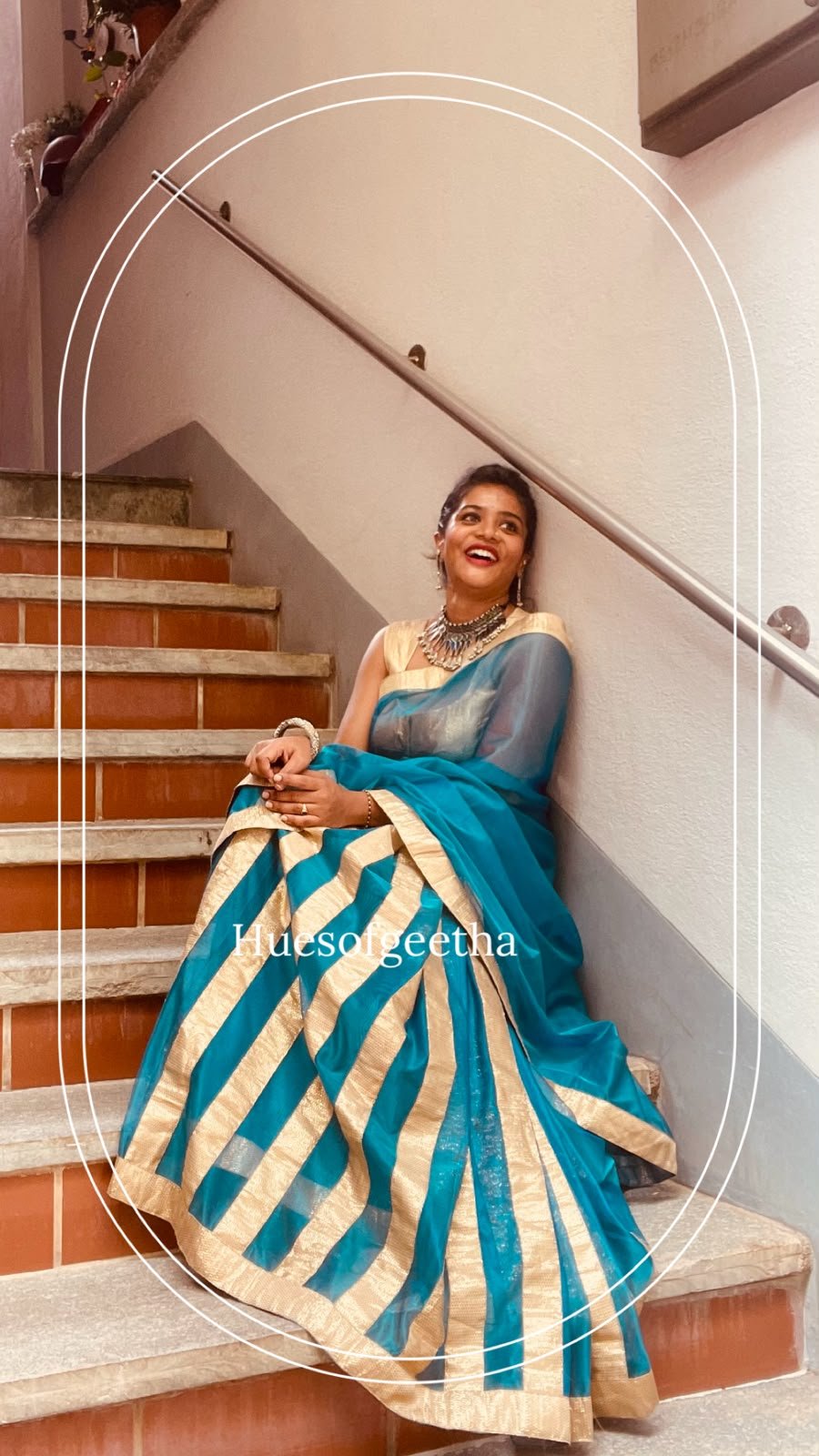 Teal & Gold Striped Saree