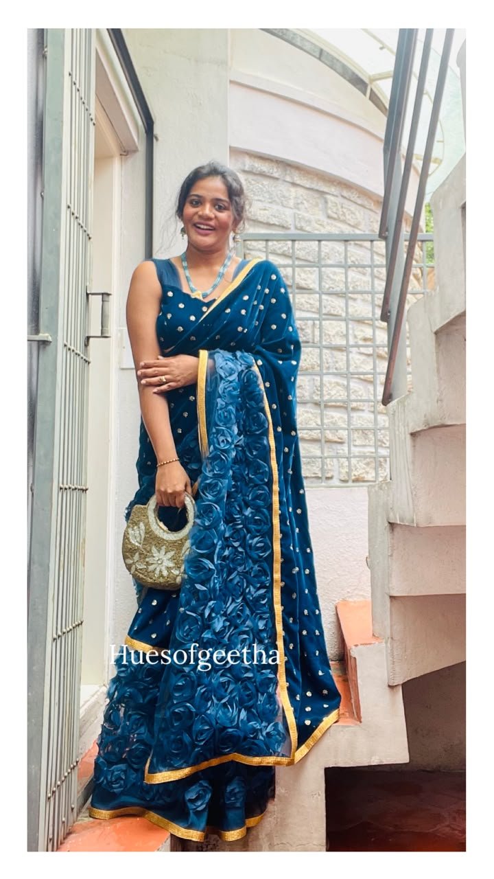 Teal Blue Rosette Saree