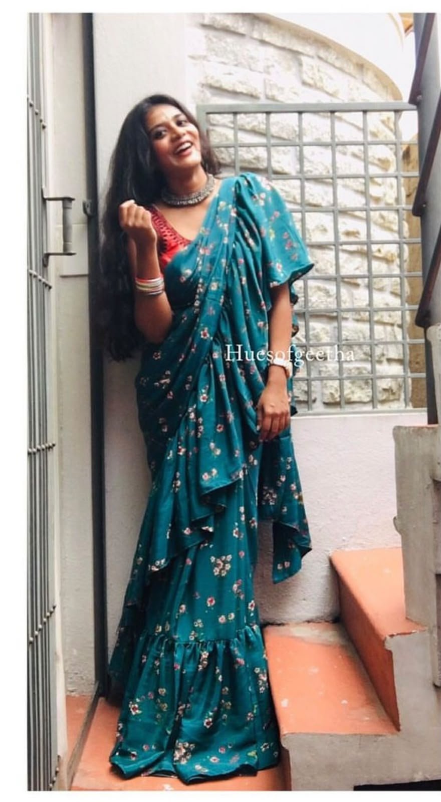 Teal Floral Ruffle Saree