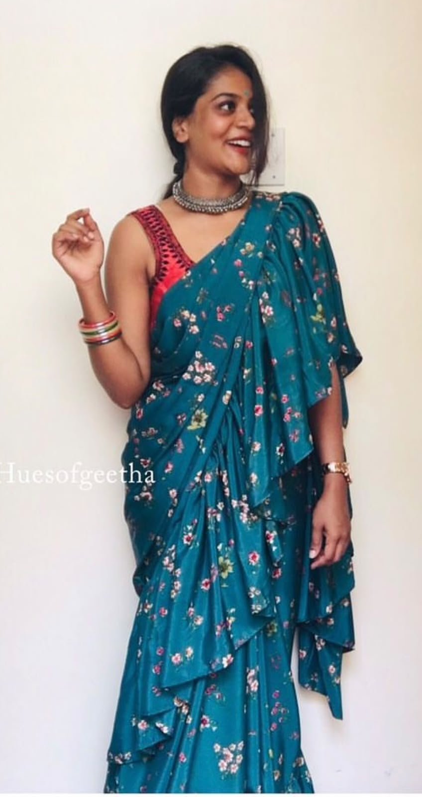 Teal Floral Ruffle Saree