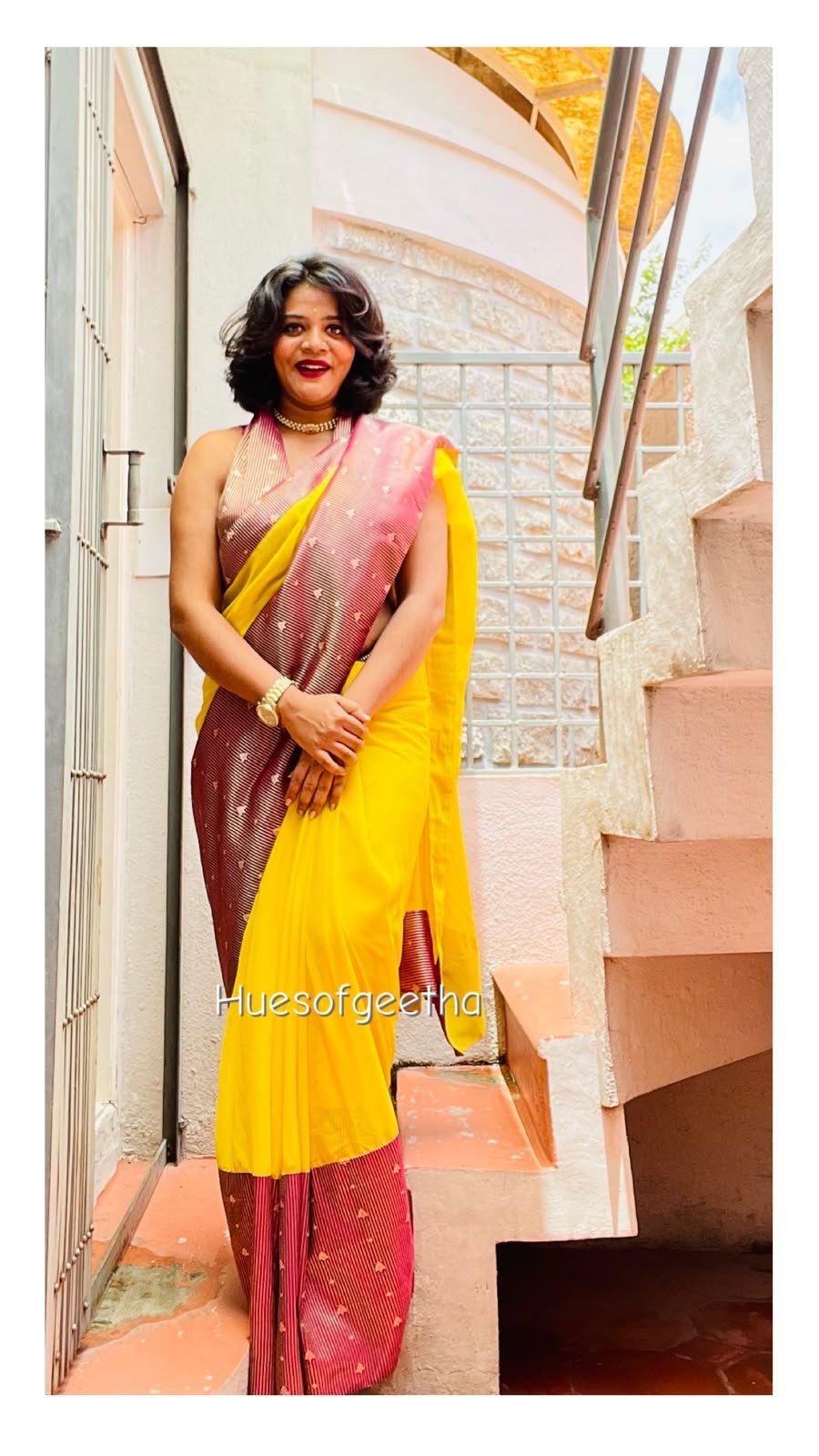 Yellow & Wine Half-and-Half Saree