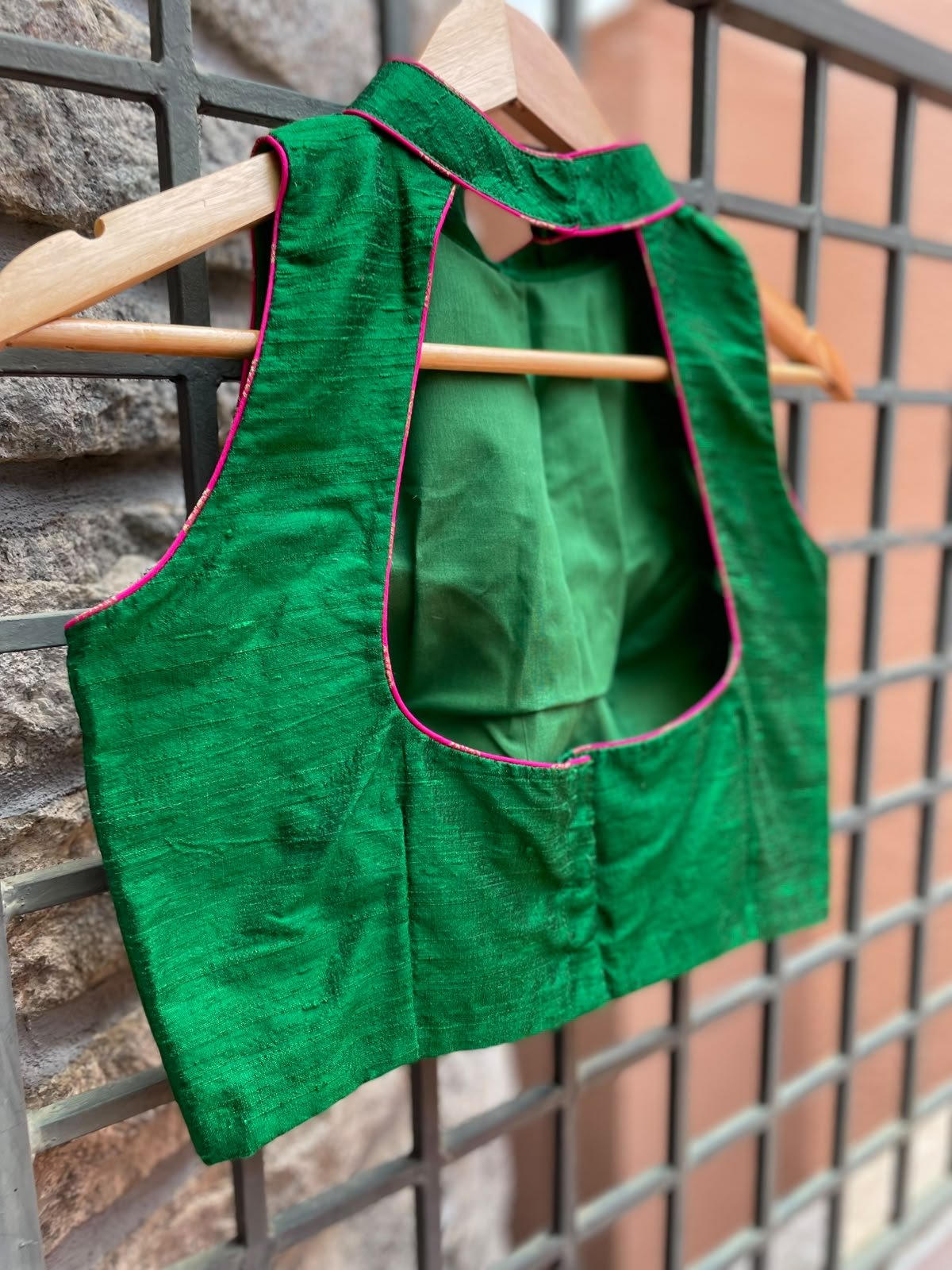 Green Raw Silk Sleeveless Blouse