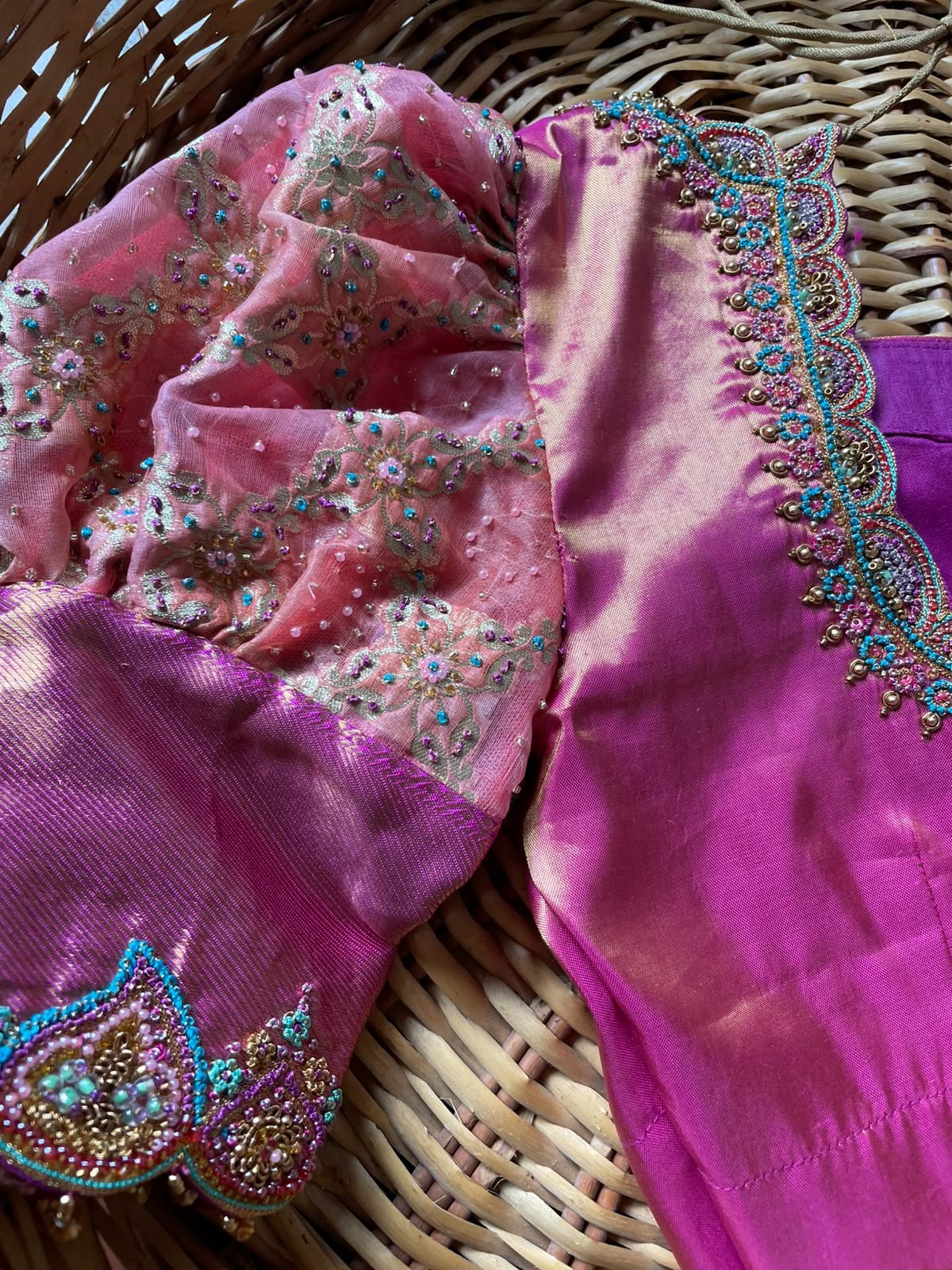 Magenta Tissue Blouse with Floral Organza Sleeves