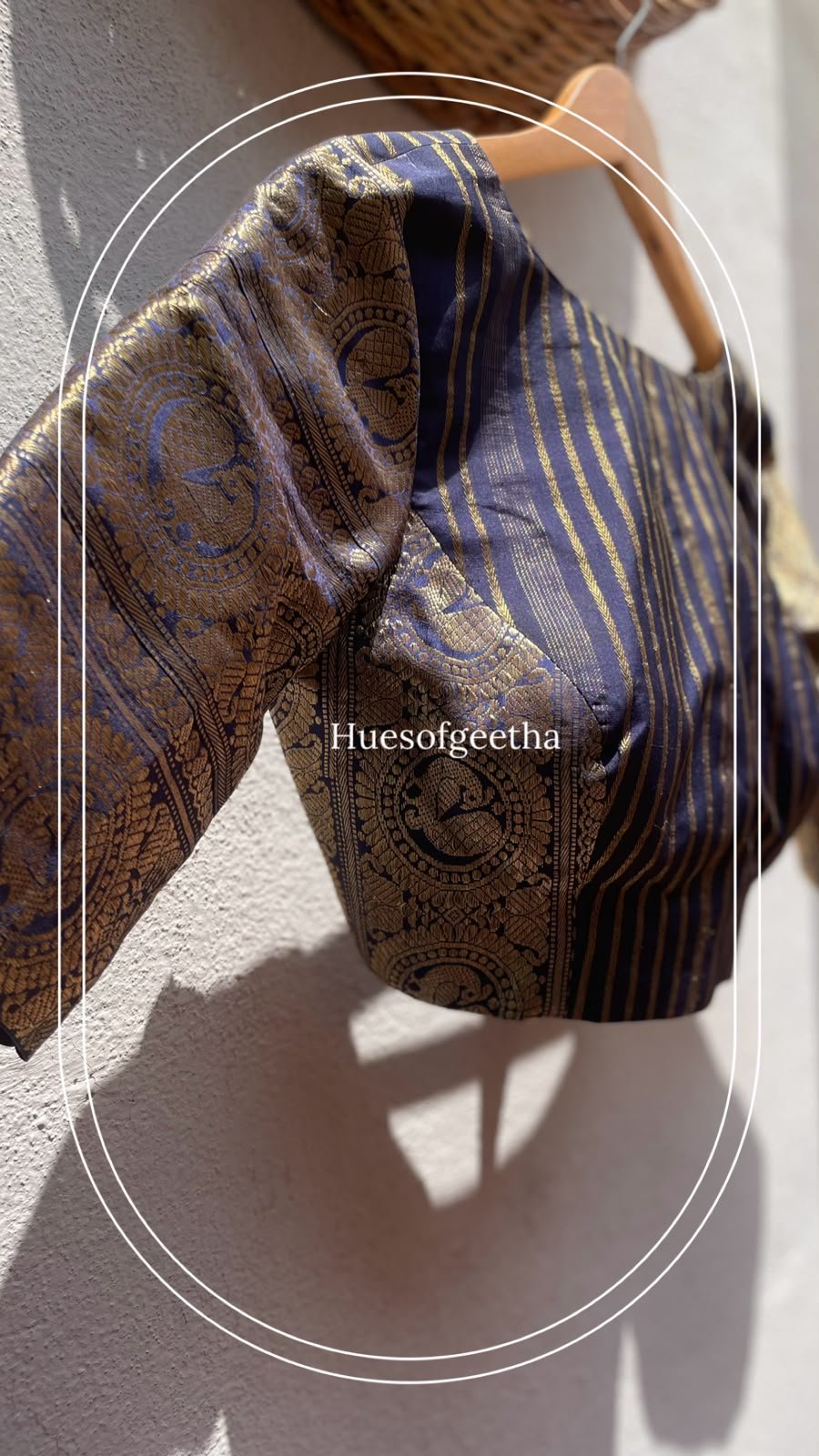 Navy Striped Brocade Blouse with Peacock Border