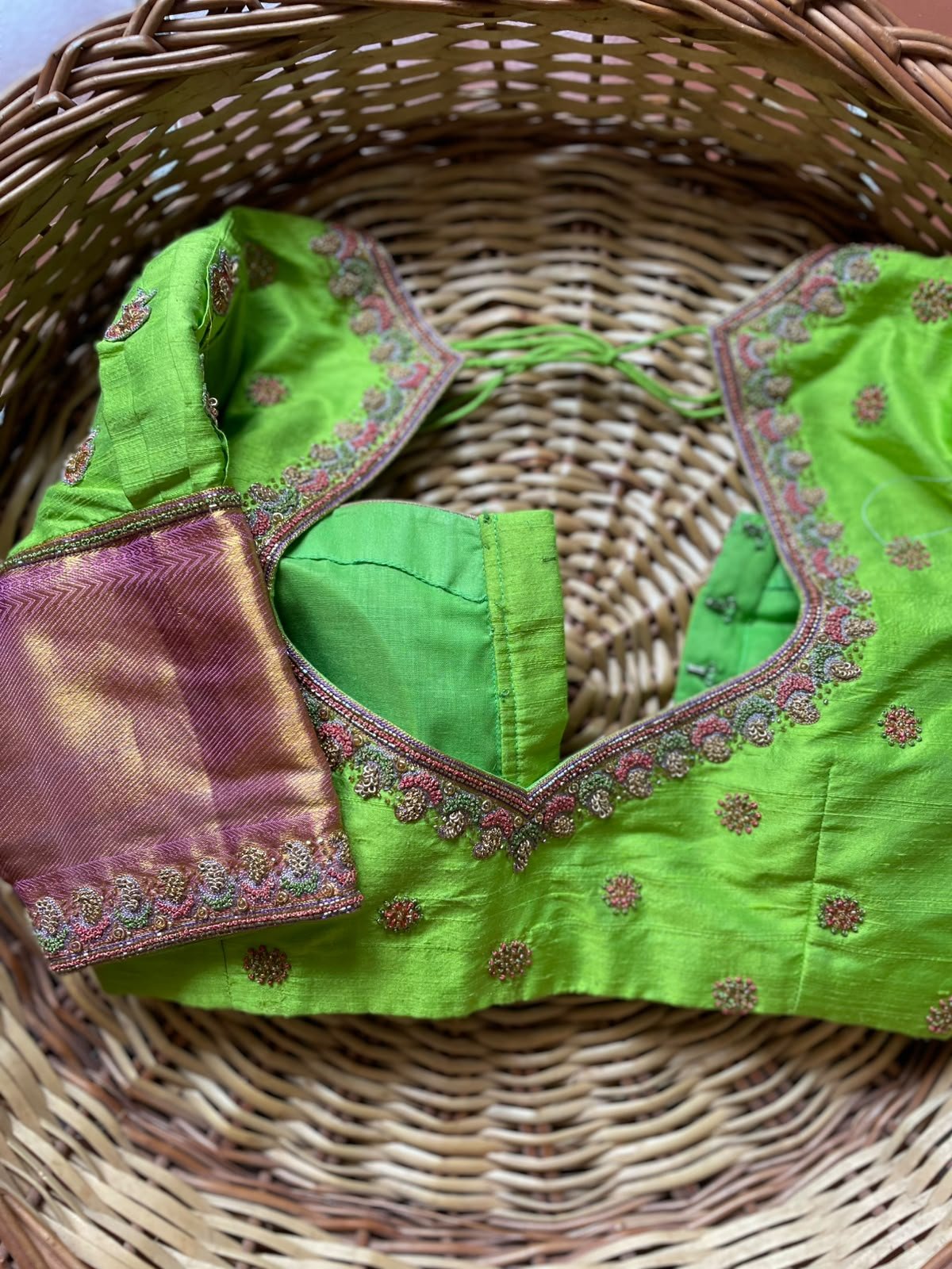 Parrot Green Maggam Blouse with Pink Brocade Sleeves