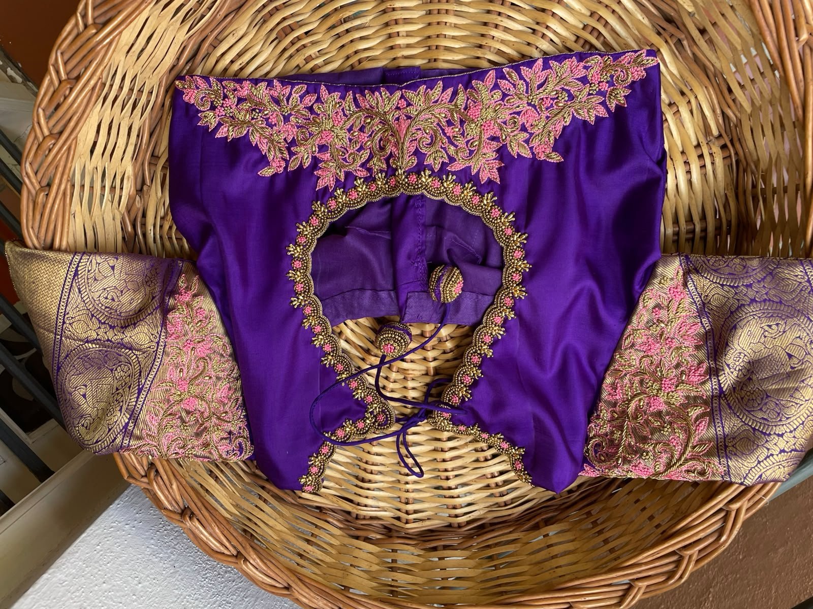 Purple Blouse with Pink Floral Maggam Work