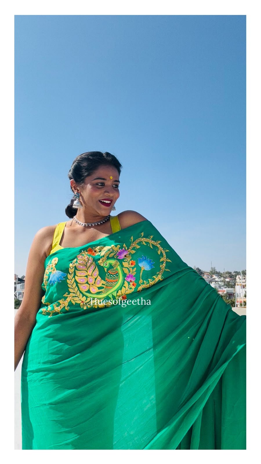 Emerald Peacock Tanjore Painted Saree