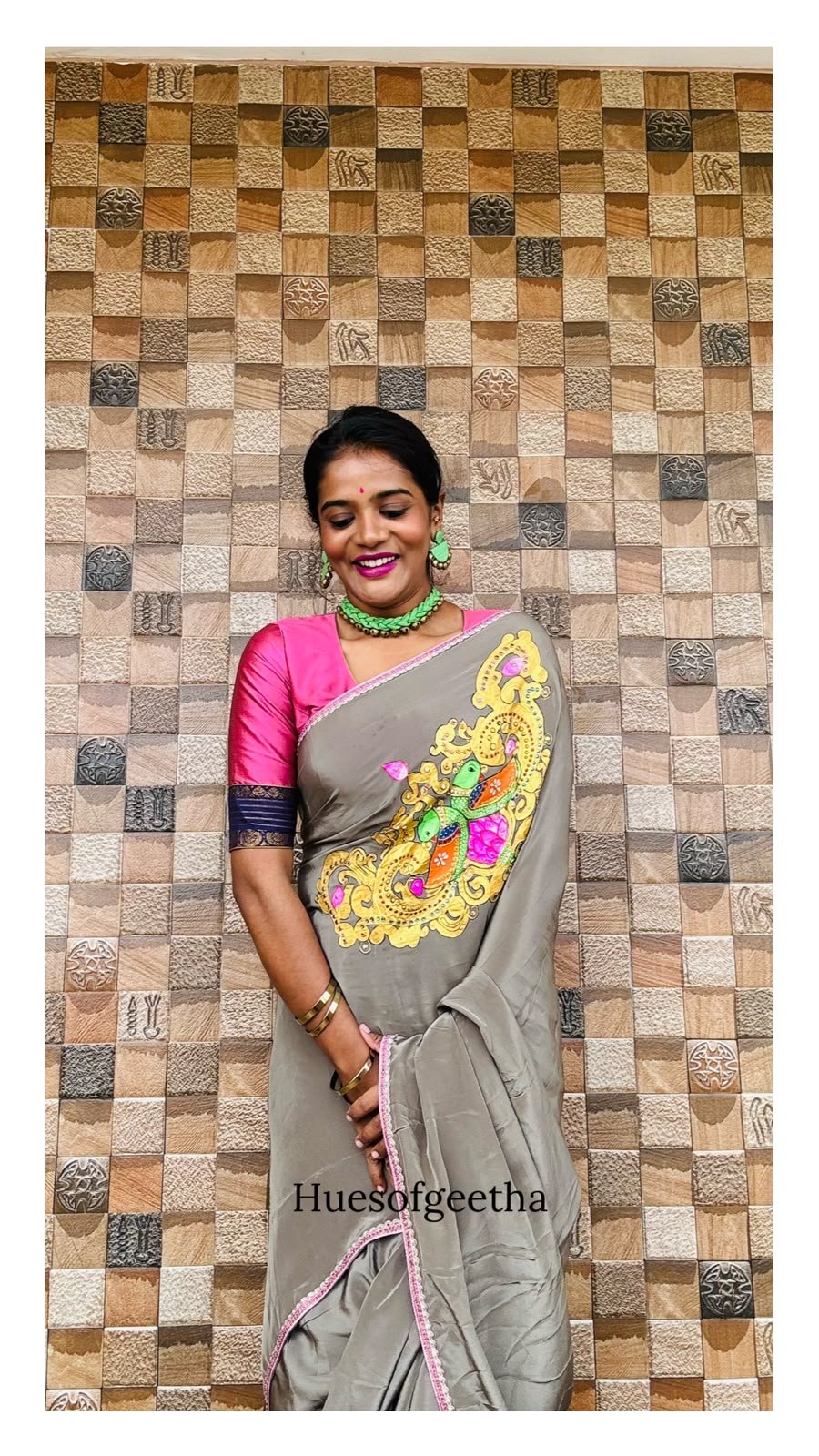 Grey Tanjore Painted Saree