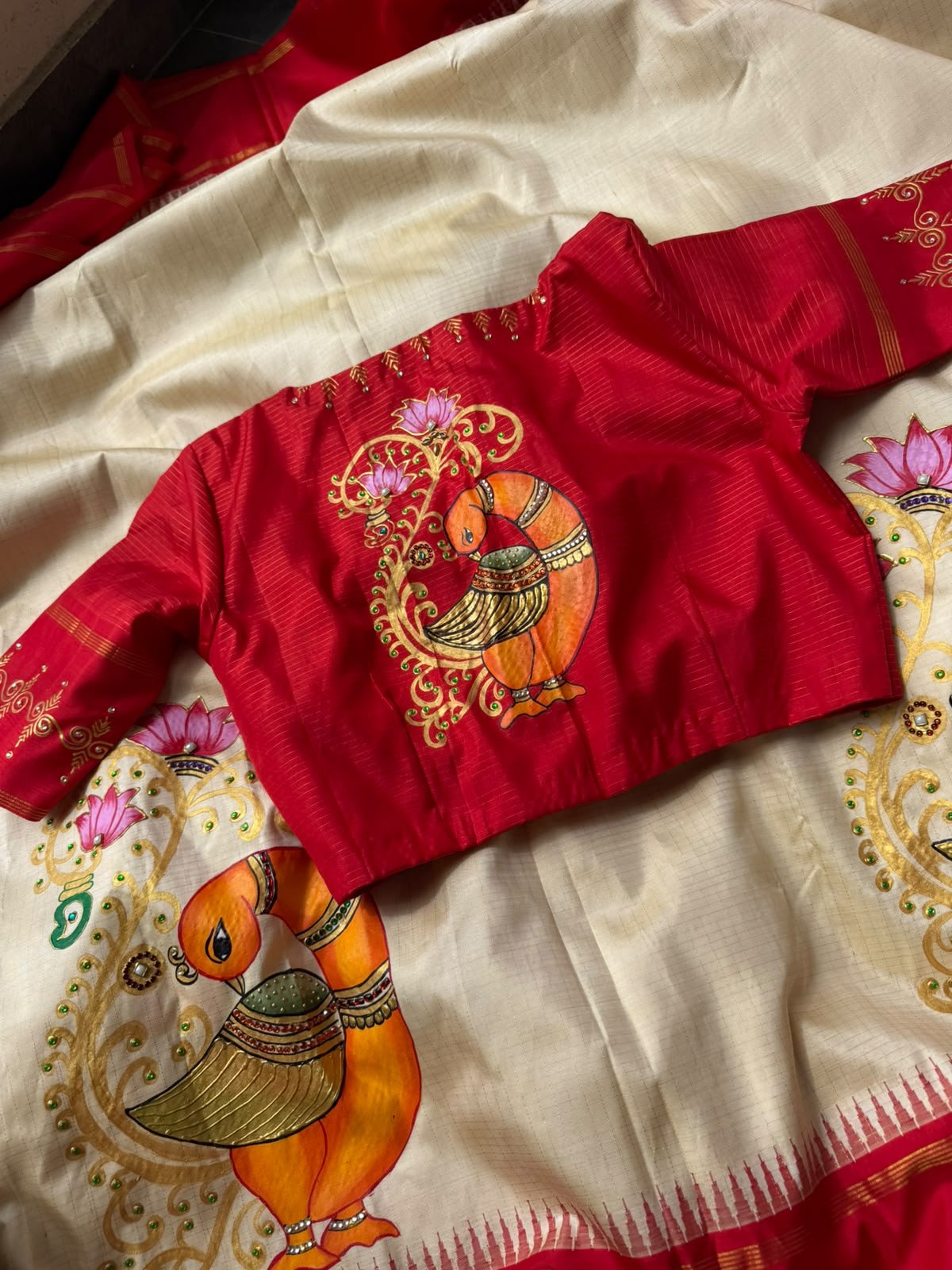 Ivory Peacock Saree & Red Blouse Set