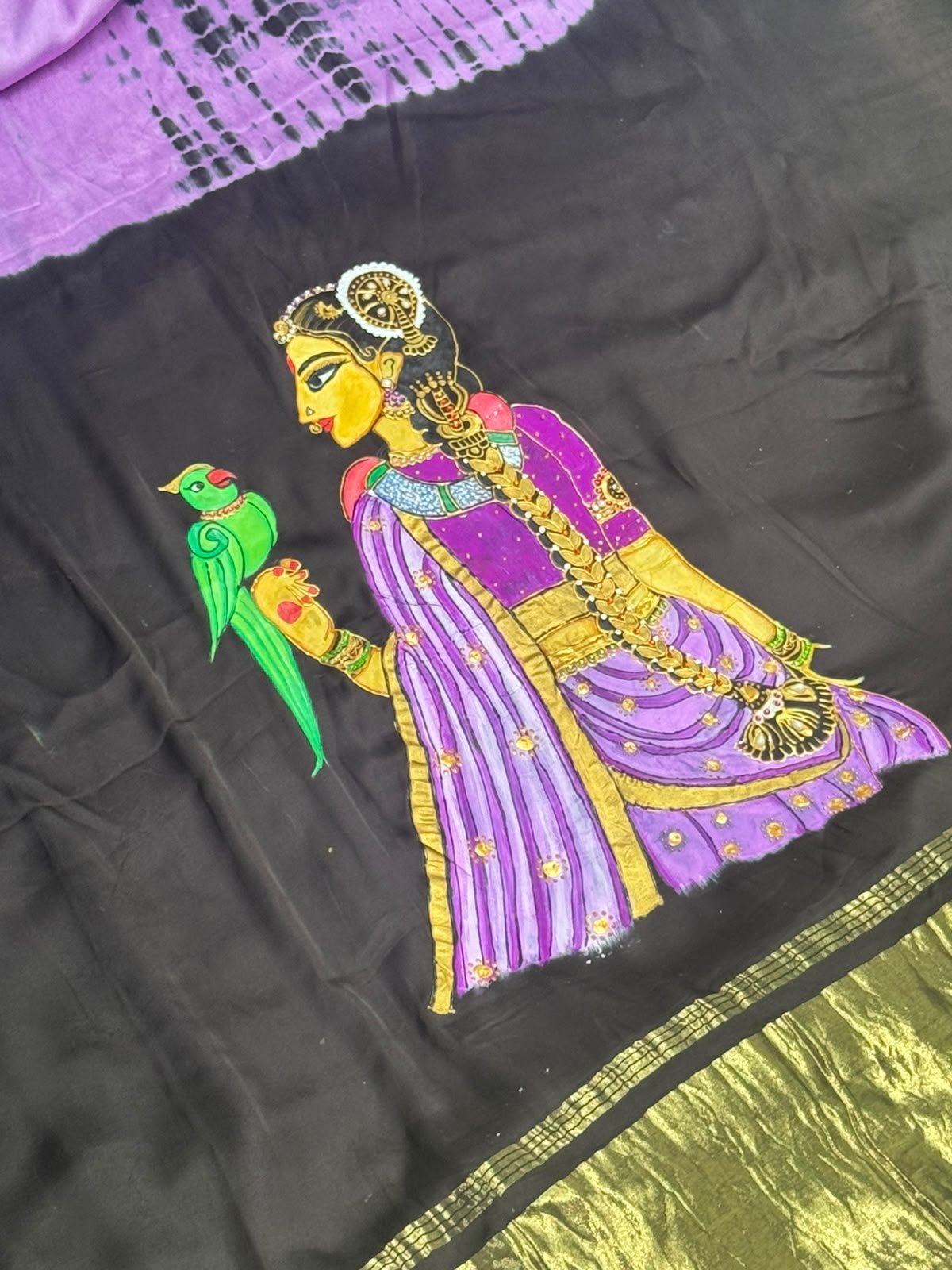 Lady with Parrot Tanjore Painted Saree