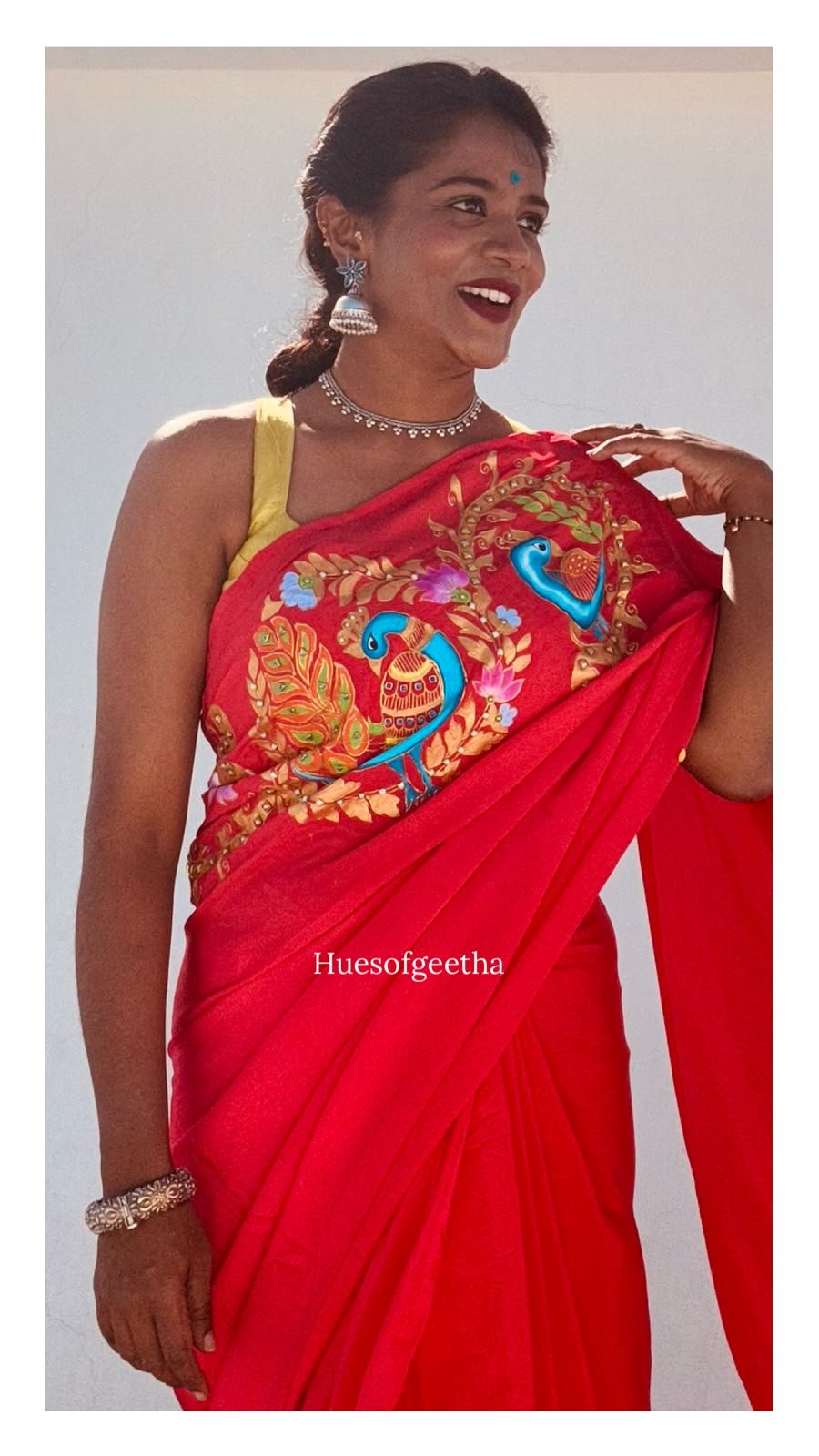 Red Peacock Tanjore Painted Saree